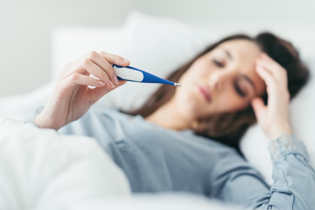 Жена в леглото с треска, чудейки се дали алергиите могат да причинят треска