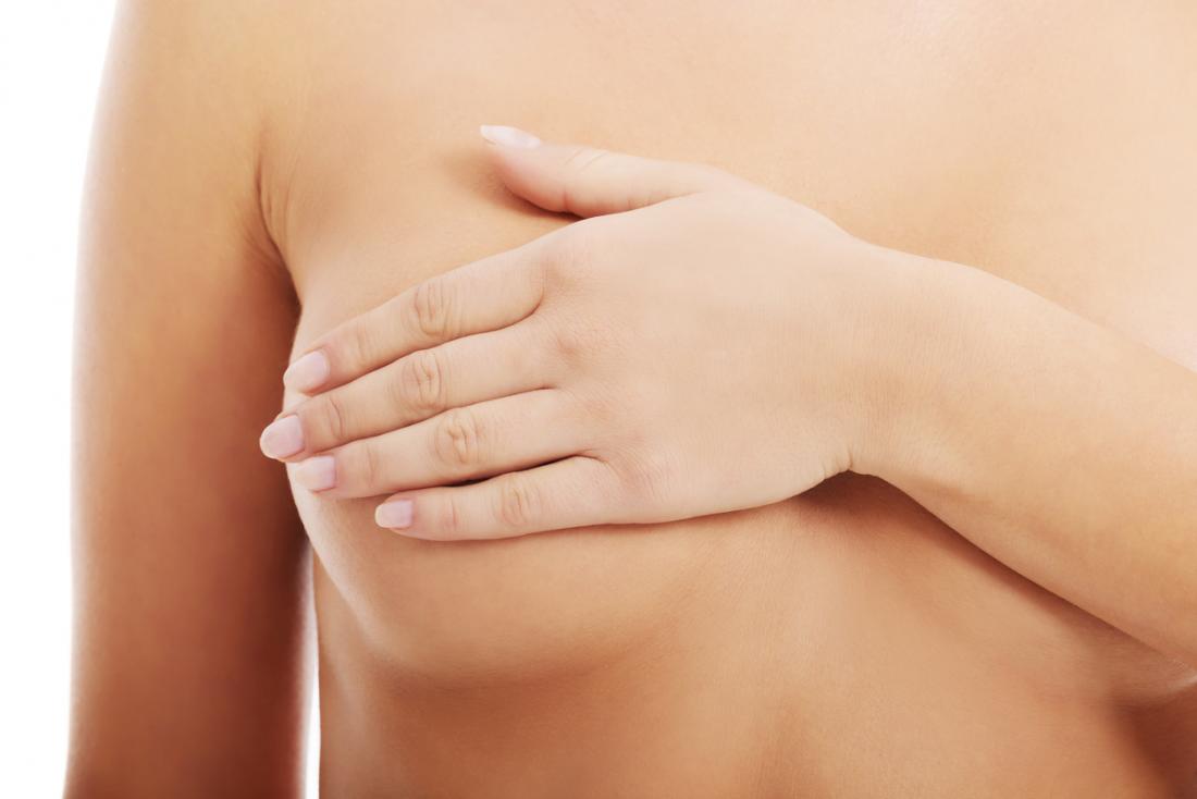 Femme torse nu couvrant son sein droit avec sa main gauche.