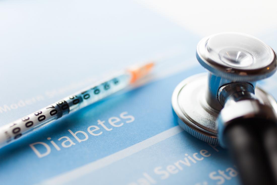 Wort Diabetes, Insulininjektion und Stethoskop