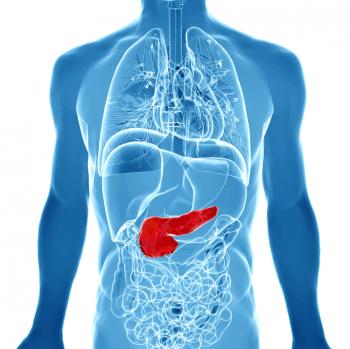 3d изображение на човешкото тяло с панкреаса, подчертано в червено