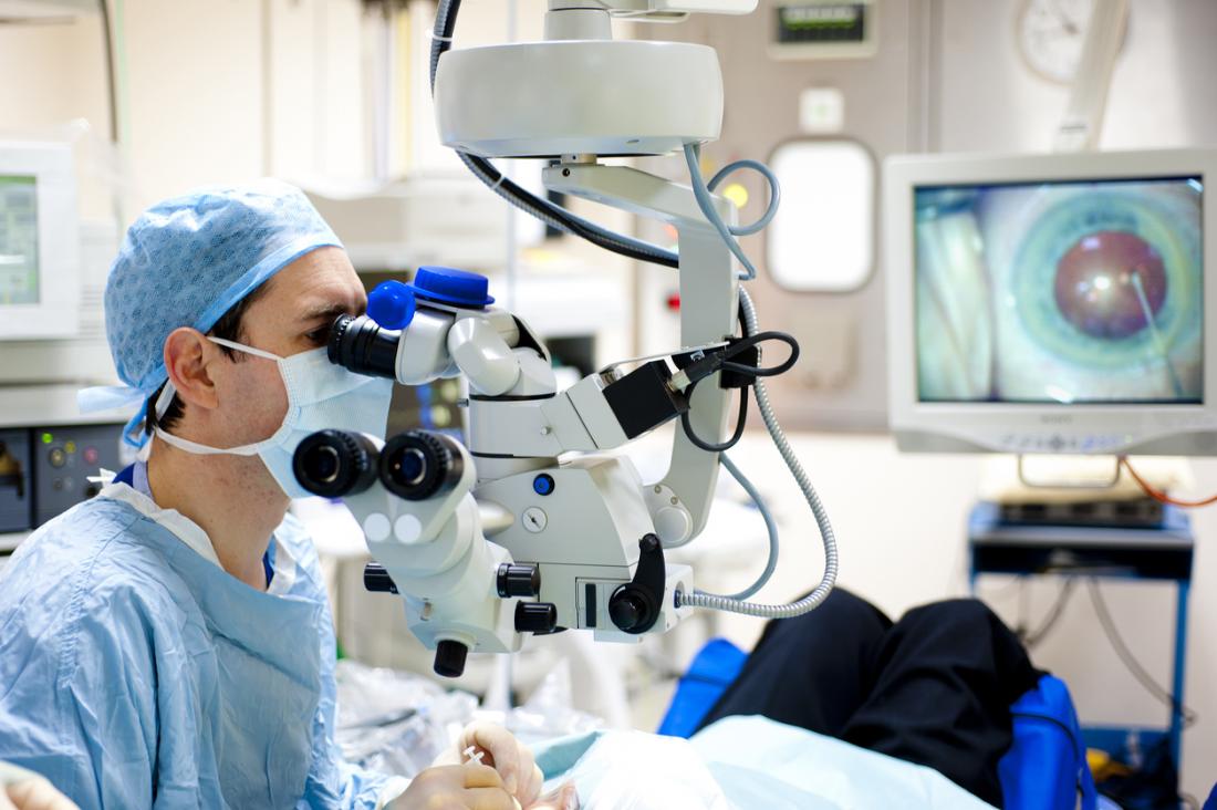 Bác sĩ nhãn khoa thực hiện phẫu thuật mắt đục thủy tinh thể trong phòng phẫu thuật.