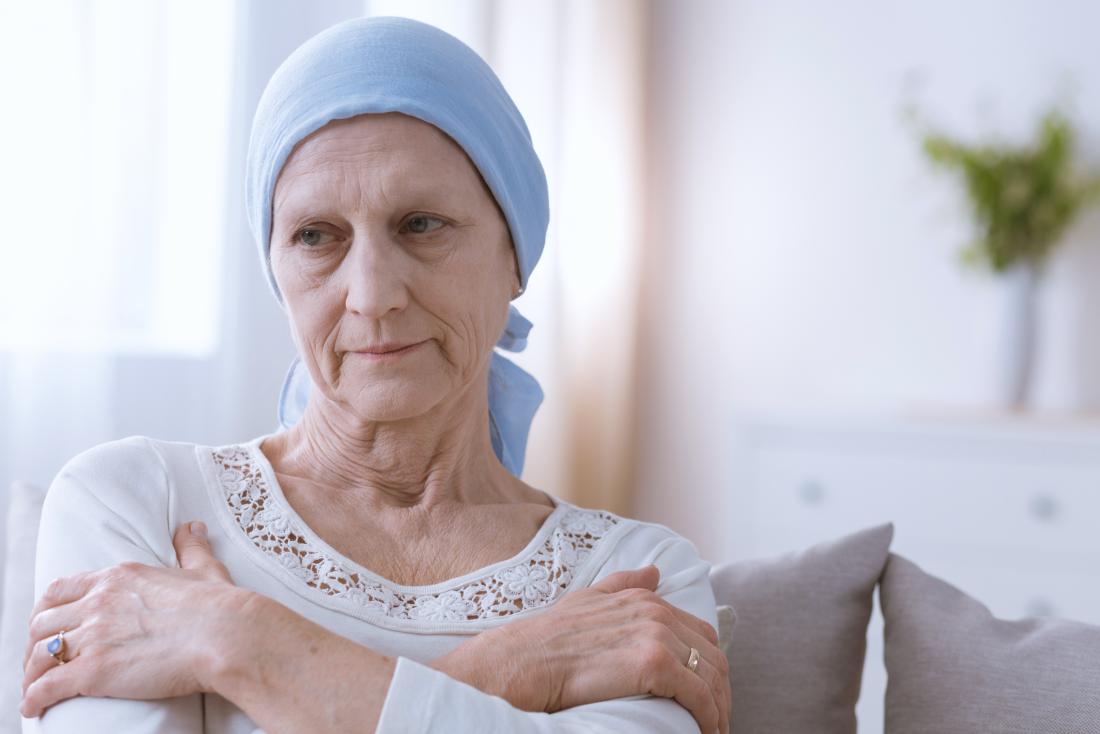 Mulher com lenço de cabeça por causa da quimioterapia para câncer olhando triste.