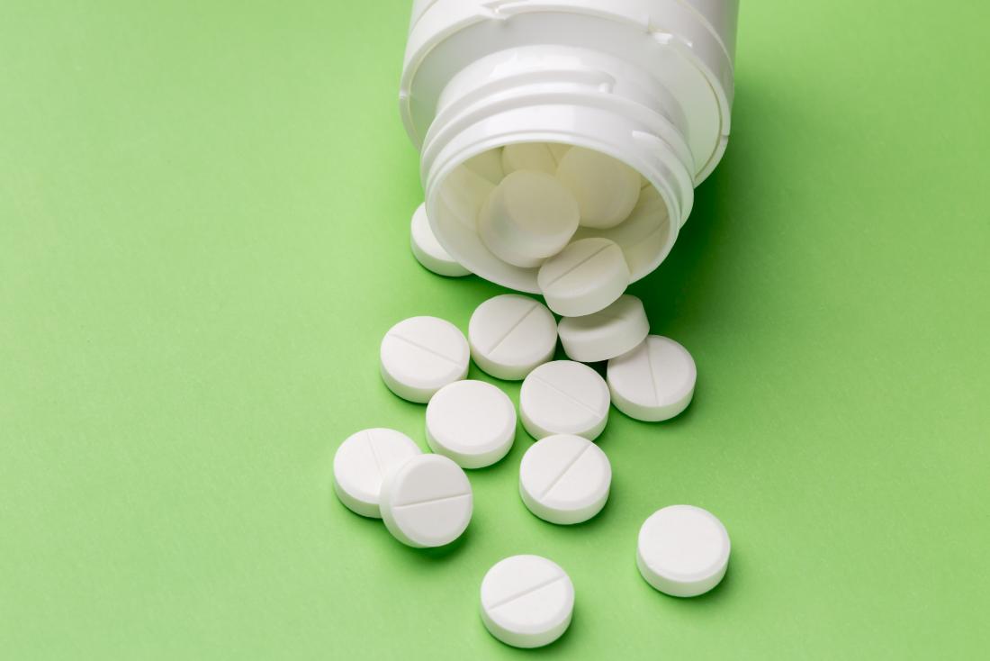 Bottiglia di pillole di aspirina che si rovesciano sulla superficie verde.