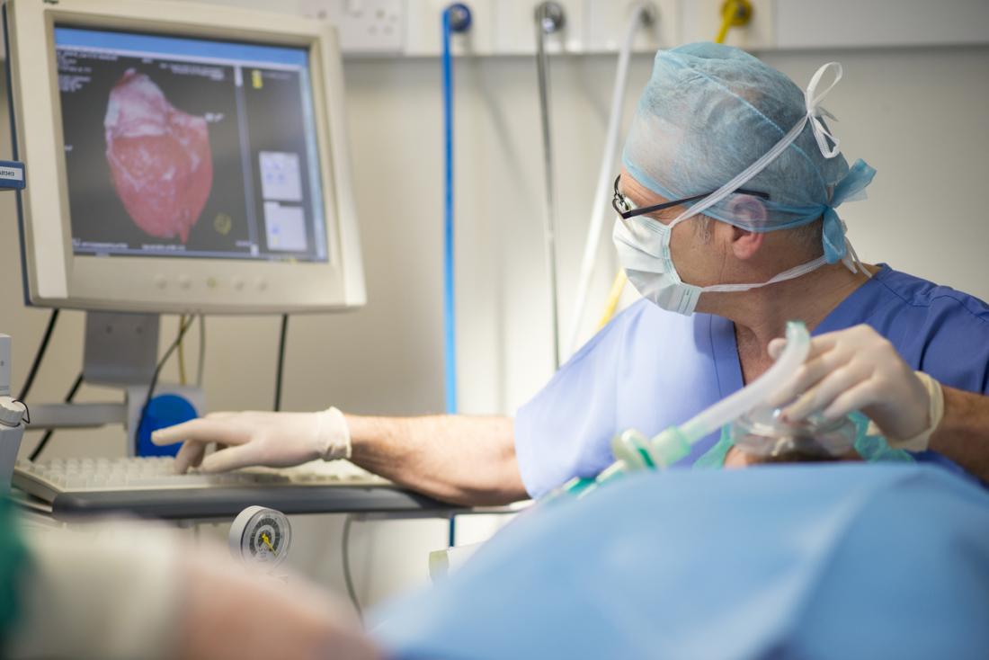 Anestesista che prepara il paziente per la chirurgia, guardando il monitor.