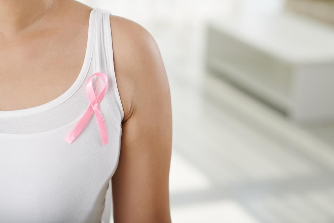 Розова лента за рак на гърдата върху женски жилетка.