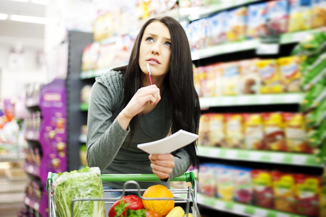 жена в магазин за хранителни стоки със списък
